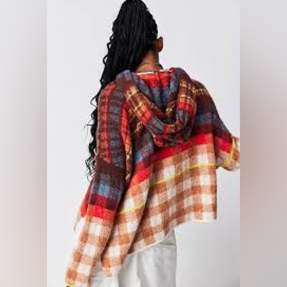 Free People Ainsley Hood Poncho Plaid Asymmetric Hem Apple Cider Size:XS, XL NWT - Picture 5 of 12